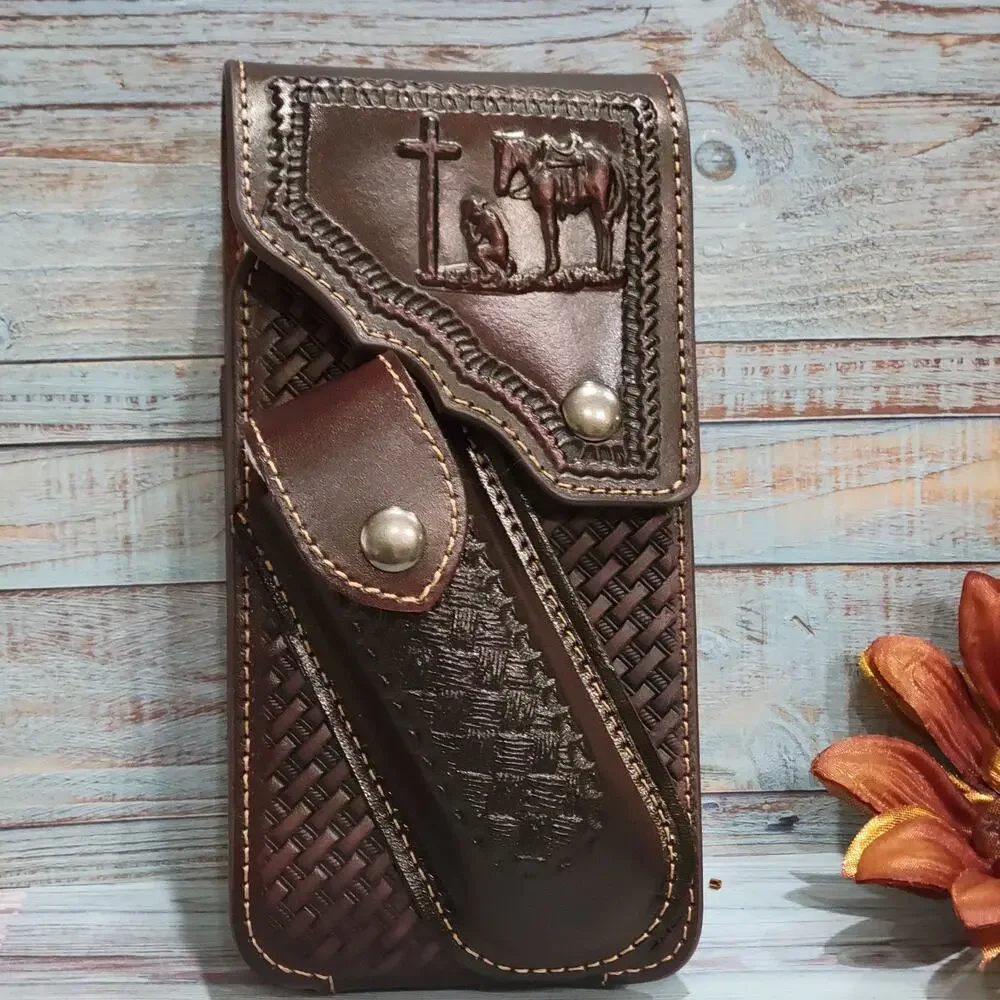 Praying Cowboy Leather Phone Holstor With Knife Sheath With Belt Clip LARGE 7x4